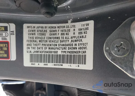 2010 Honda Civic Hybrid из США, поврежденный, VIN JHMFA3F28AS001502